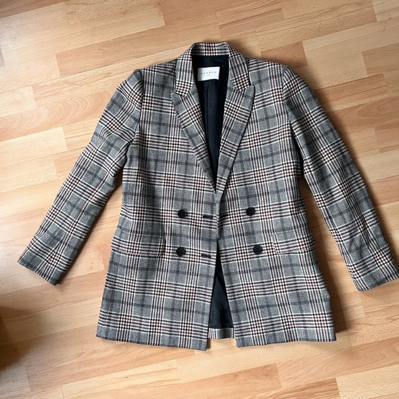 Sandro Gray Cream Rust Checked Double-Breasted 80% wool Blend Blazer - Picture 4 of 7